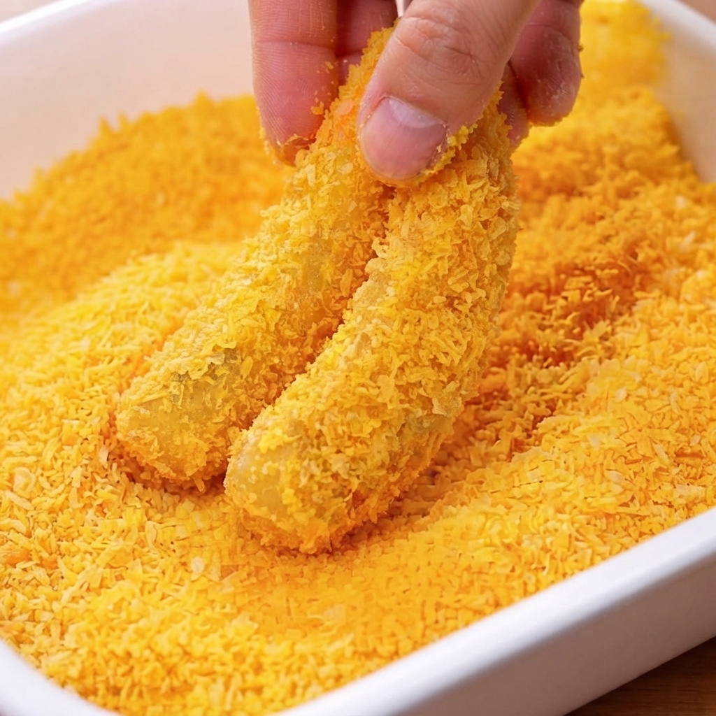 Breaded shrimp frying in hot oil until golden brown and crispy.