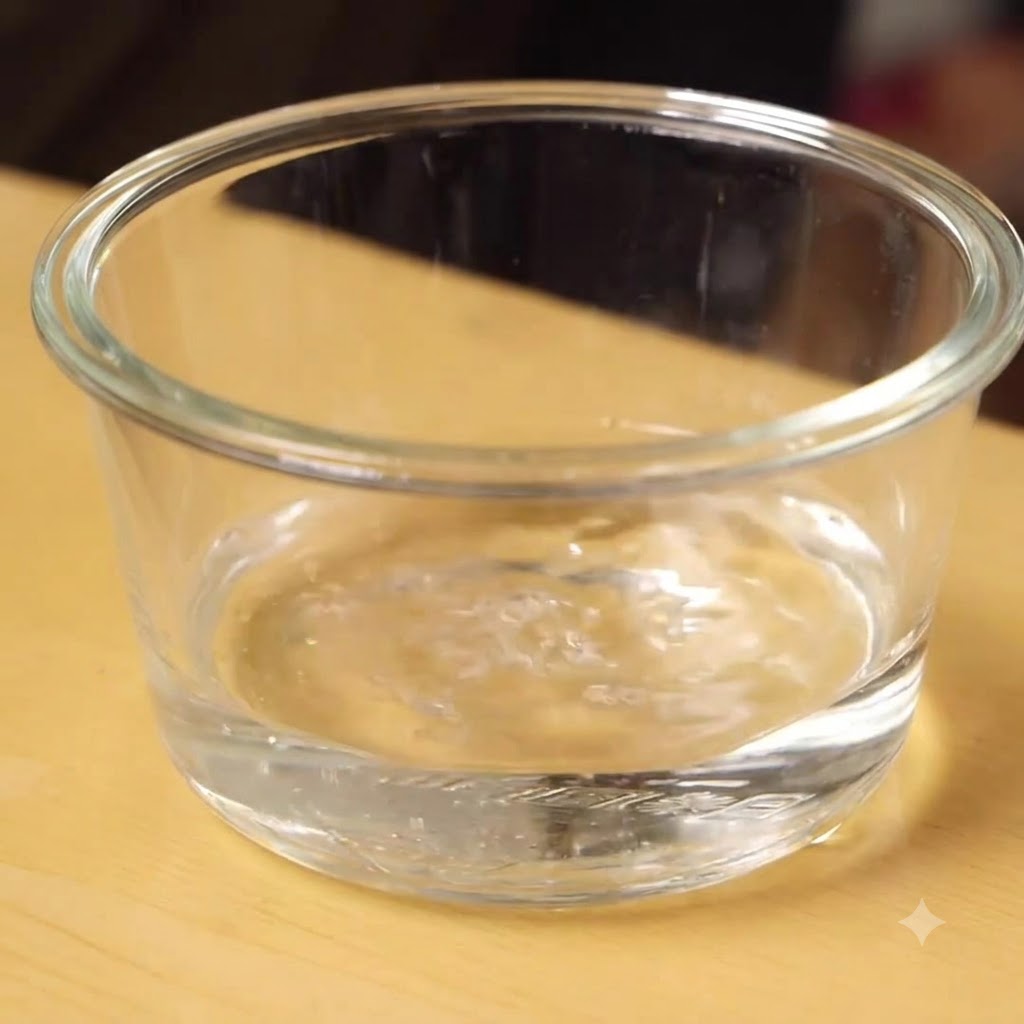 A glass bowl containing warm water and dissolved red and white miso paste.