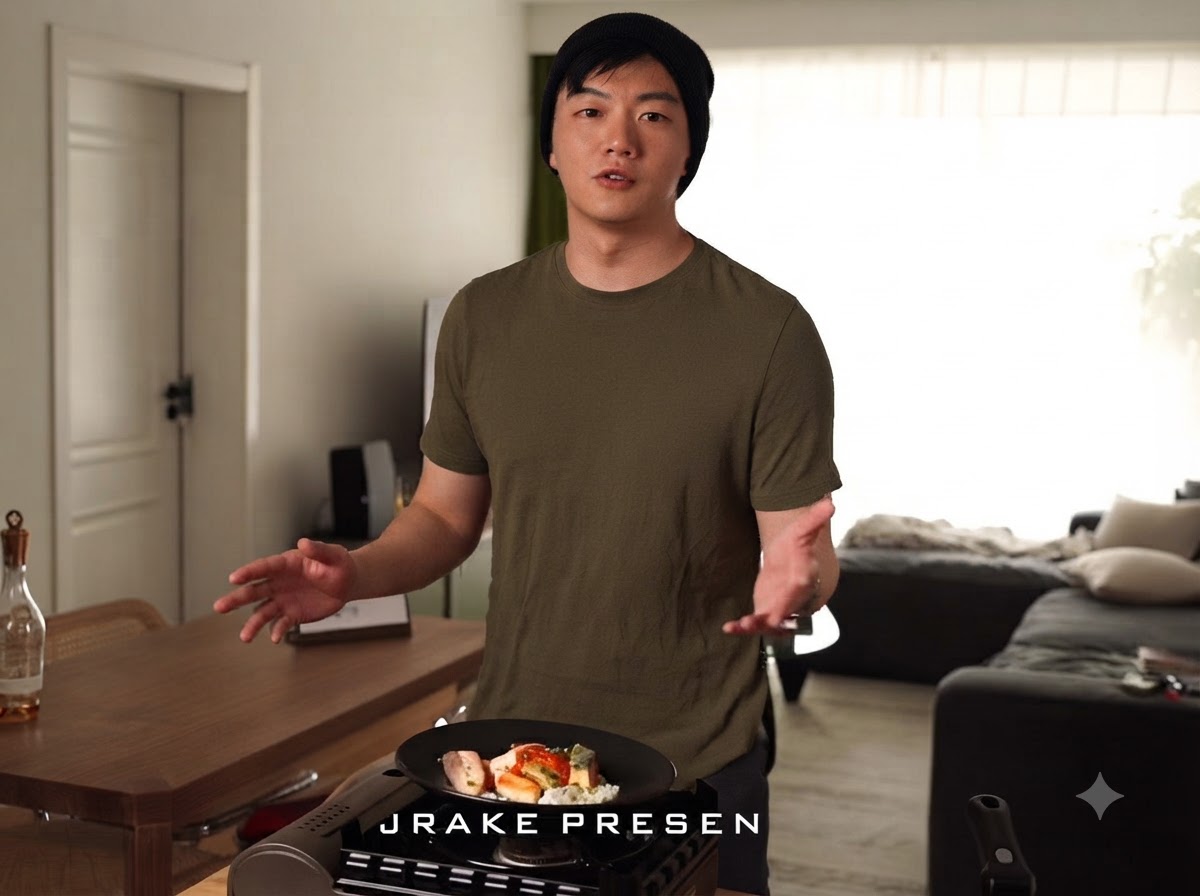 A person standing by a pan containing salmon pieces over a portable stove.