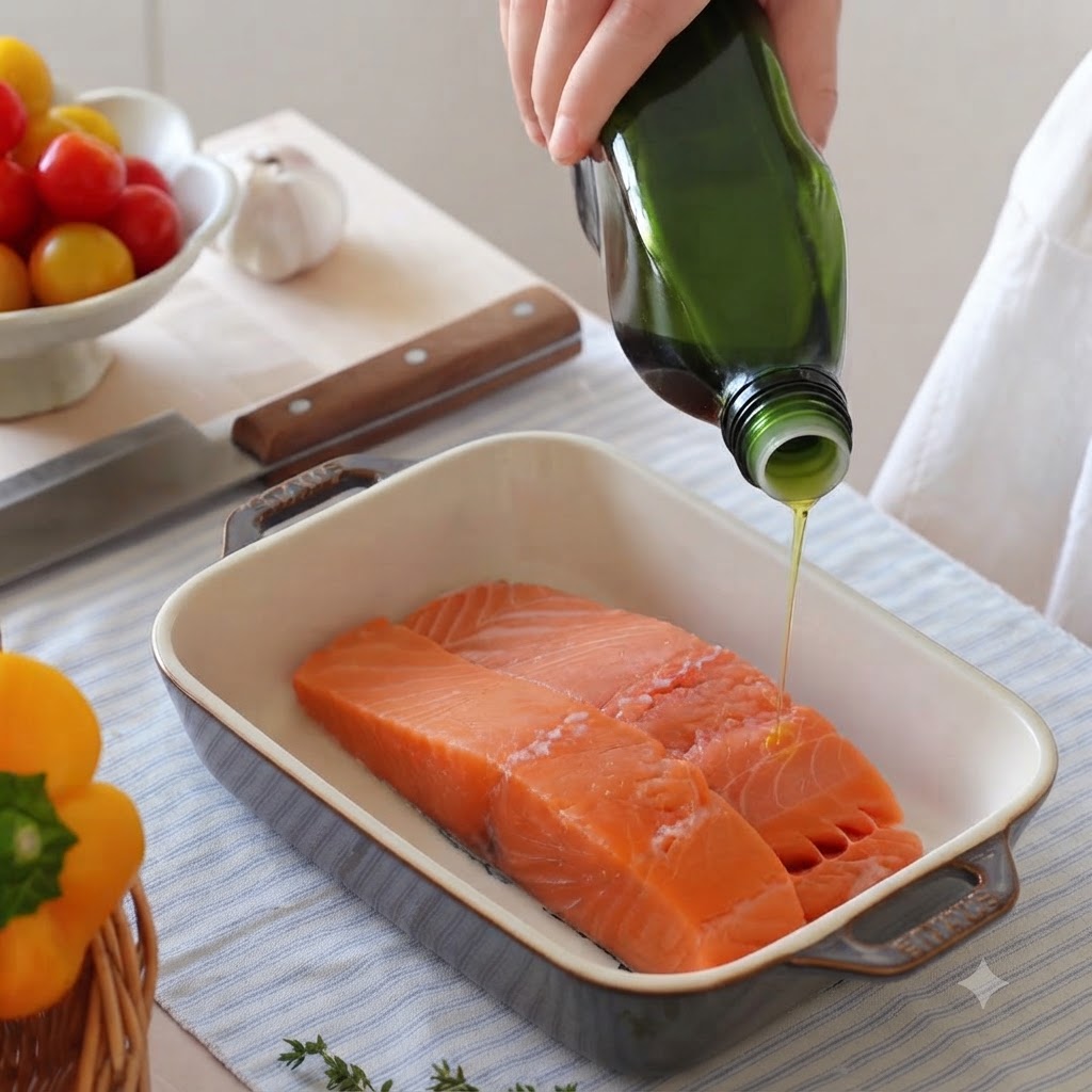 Olive oil being poured from a green glass bottle onto two raw salmon fillets inside a ceramic baking dish.