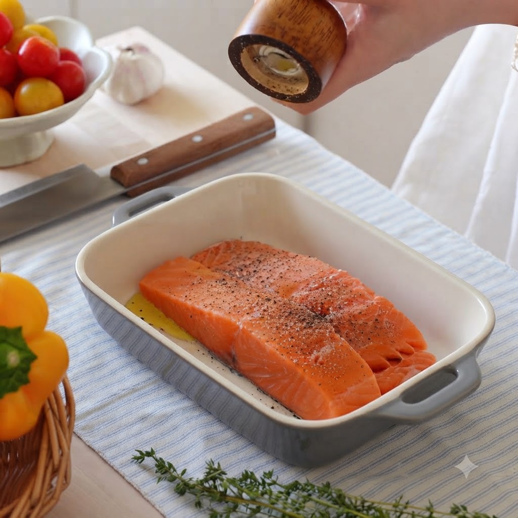 A wooden pepper grinder seasoning raw salmon fillets with salt and black pepper in a ceramic dish.