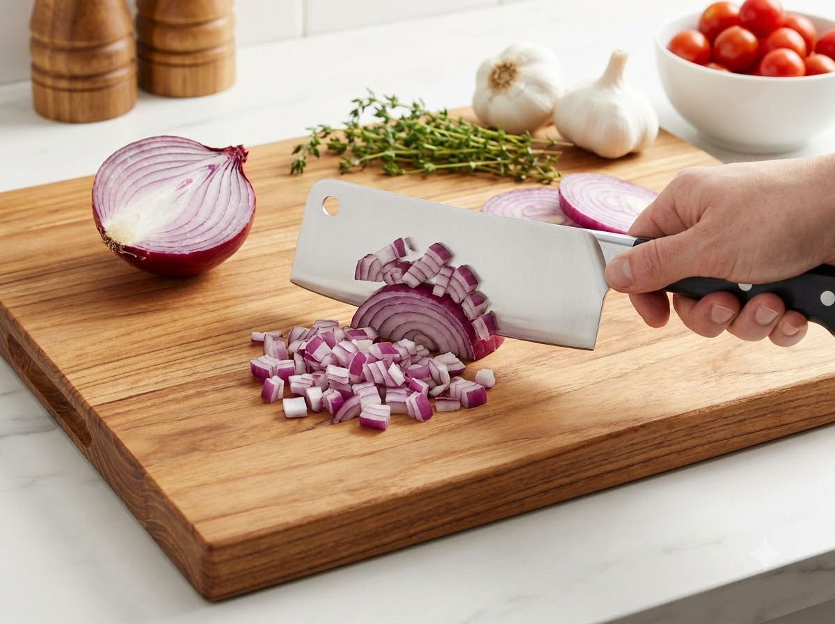 Thinly sliced fresh garlic cloves scattered across a wooden cutting board next to a chef knife.