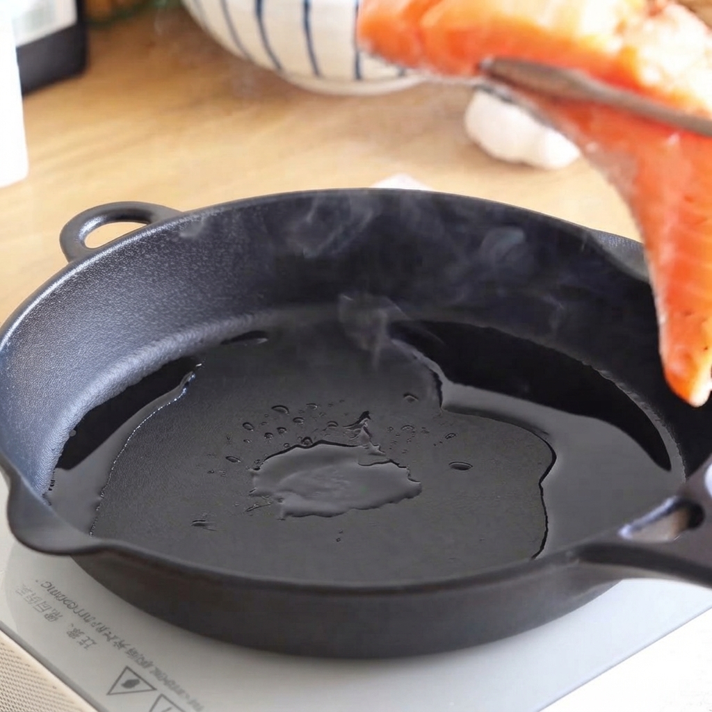 A raw salmon fillet being lowered with tongs into a hot oiled cast iron skillet.