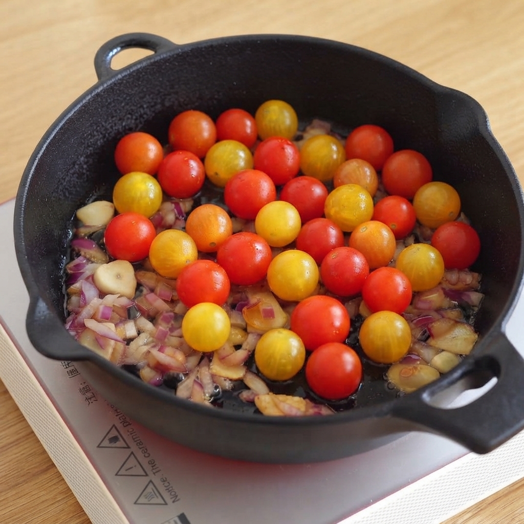 Fresh red and yellow cherry tomatoes scattered over sautéed onions and garlic in a black cast iron skillet.