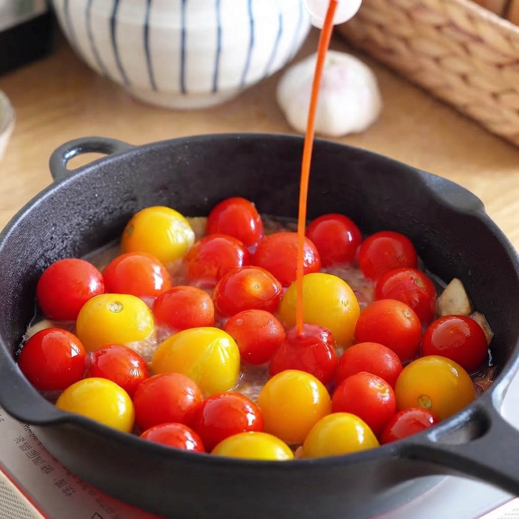 A stream of ketchup being poured into a pan filled with cherry tomatoes, onions, and garlic.