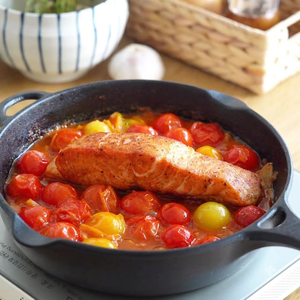 A seared salmon fillet resting inside a cast-iron skillet atop a simmering tomato sauce base with cherry tomatoes.