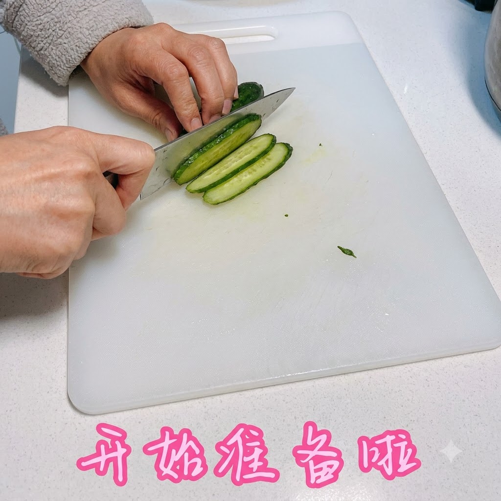 A pair of hands using a knife to slice a cucumber into thin strips on a white cutting board.