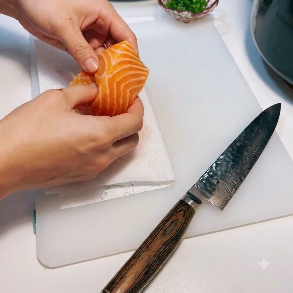 A piece of raw salmon being carefully patted dry with a paper towel on a cutting board.