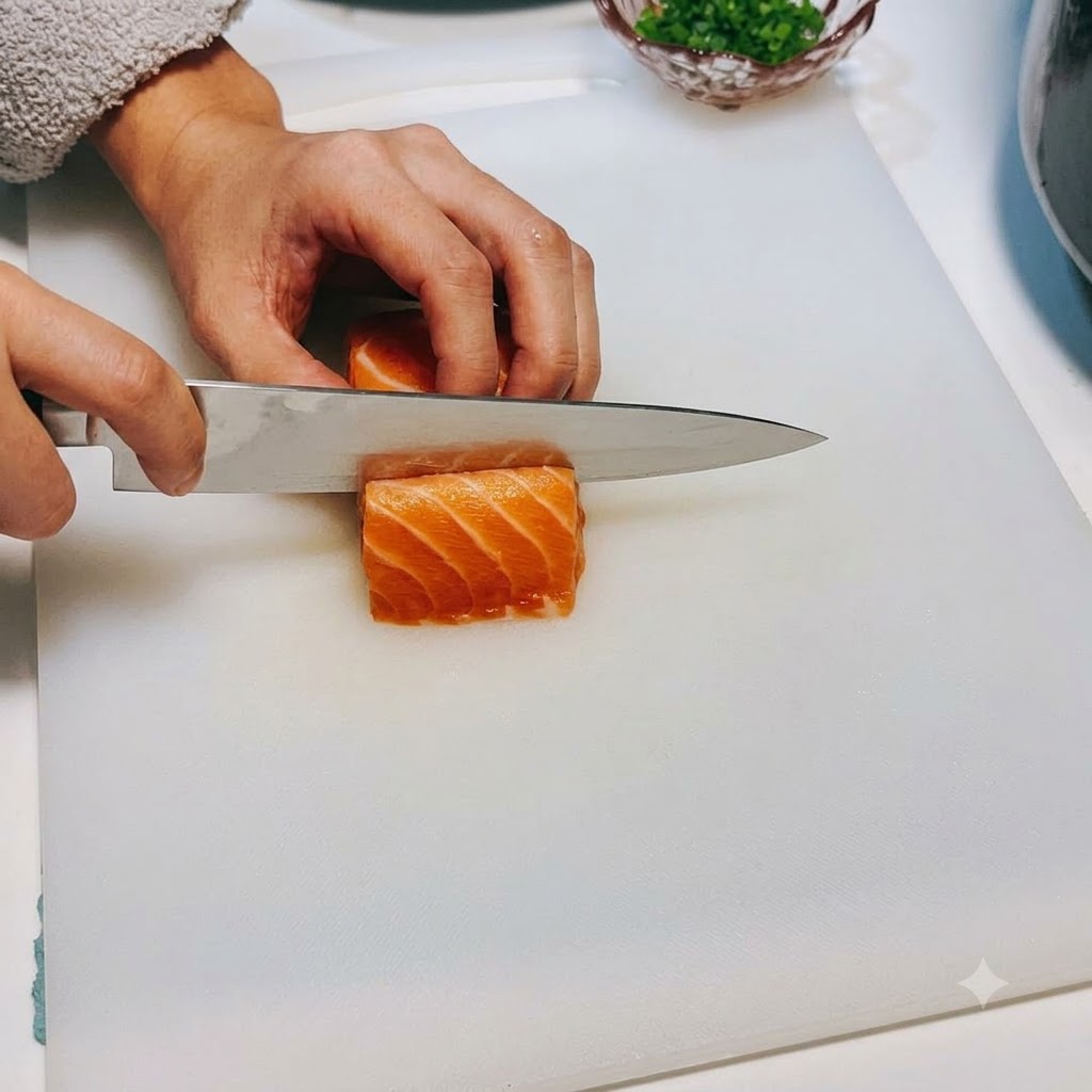 A sharp knife slicing a block of raw salmon into clean, bite-sized cubes.