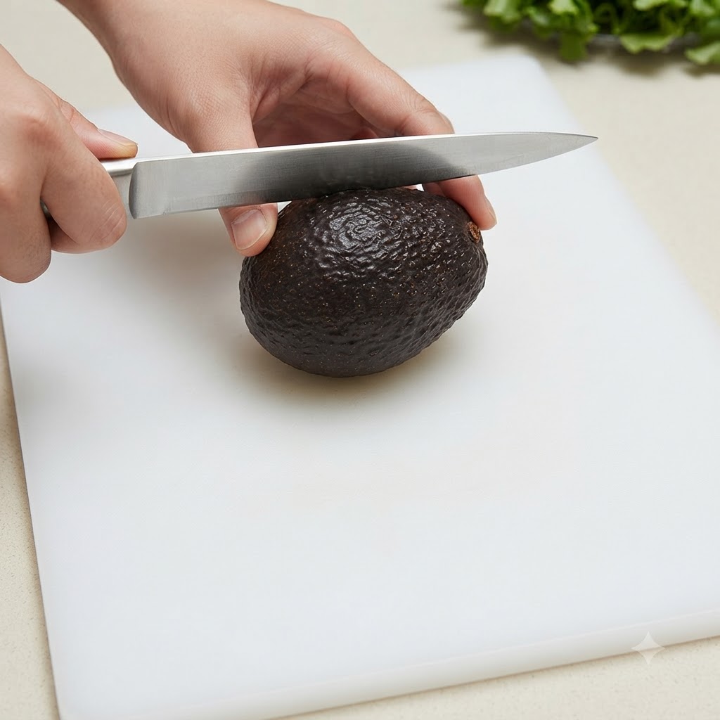 A knife resting on a whole ripe avocado positioned on a white cutting board.