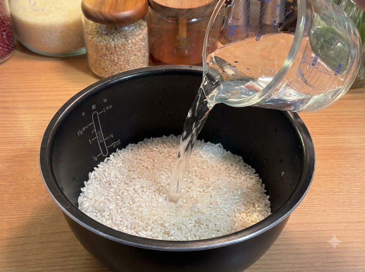 Water being poured from a glass measuring cup into a rice cooker pot with white rice.
