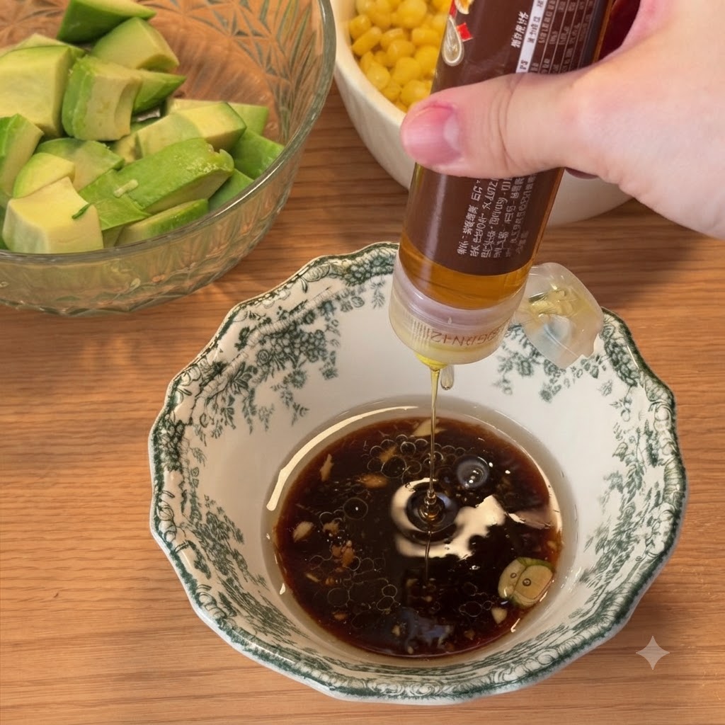 Honey being squeezed into a bowl with a dark soy sauce mixture.