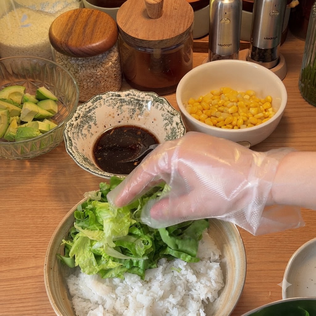 Shredded lettuce and canned tuna being placed over cooked white rice in a bowl.