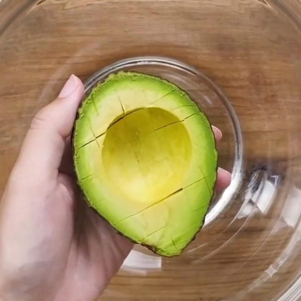 A hand holding a scored avocado half over a glass mixing bowl, using a spoon to scoop out the pieces.
