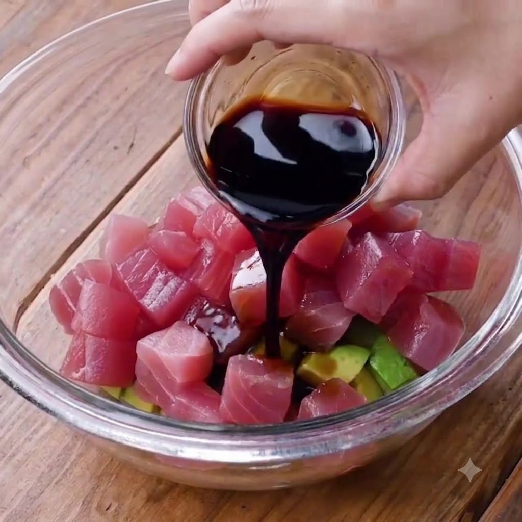 Dark sauce being poured from a small glass container over the bowl filled with tuna and avocado cubes.