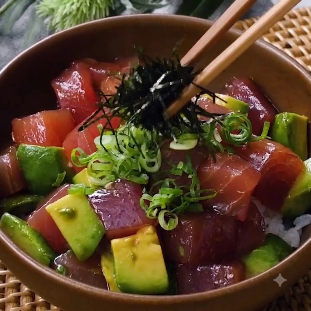 Chopsticks placing a pinch of shredded seaweed onto the center of the poke bowl as a garnish.