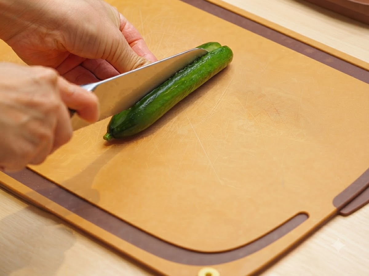 A sharp chefs knife slicing a cucumber lengthwise on a brown cutting board.