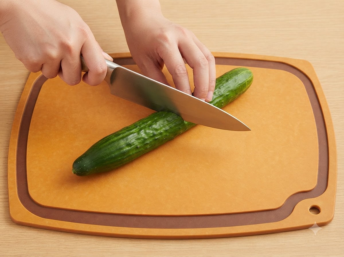 Cherry tomatoes being sliced neatly in half on a clean cutting board.