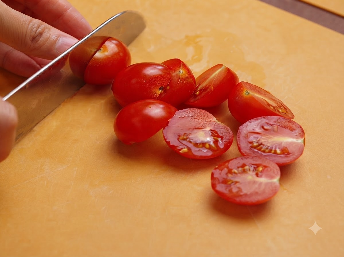 An avocado being cut, pitted, and sliced into delicate thin segments on a cutting board.