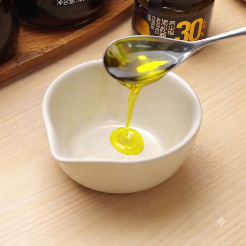 Olive oil being poured into a small white bowl along with other dressing ingredients.