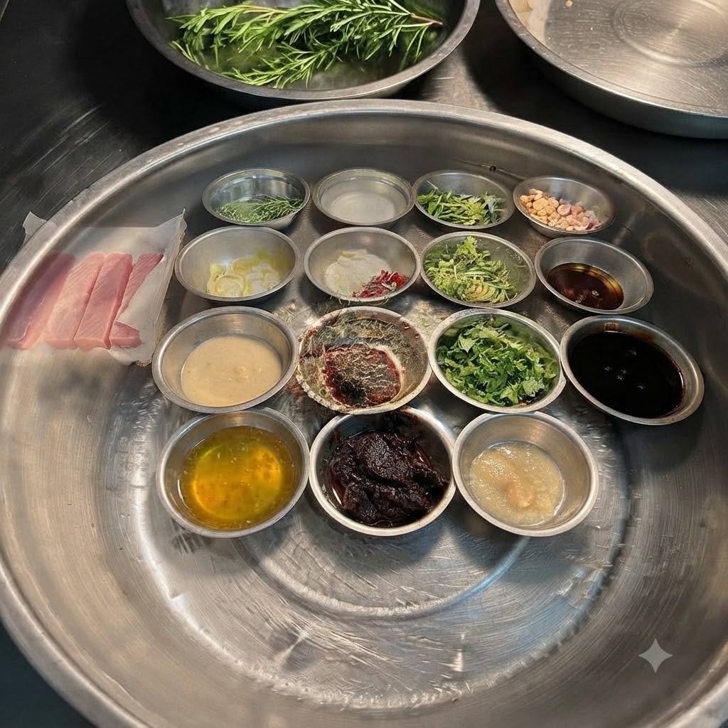 Slices of yellow lemons, galangal, and red chilies arranged inside a stainless steel bowl.