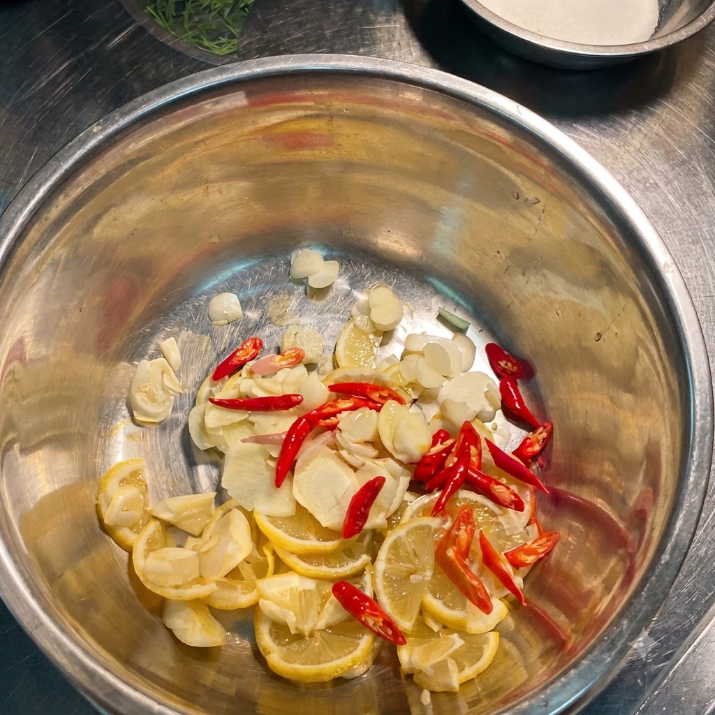 Fresh rosemary and green cilantro layered over the lemon and chili mixture inside the bowl.