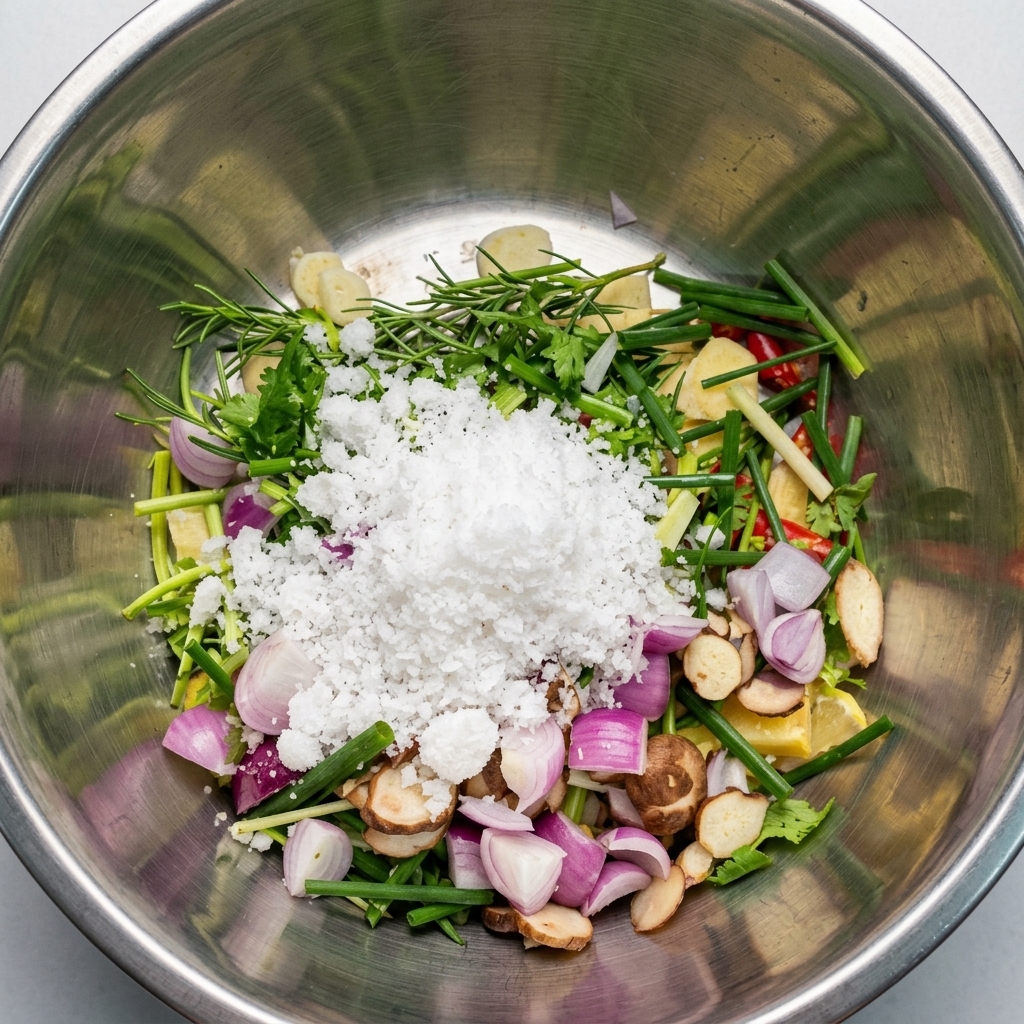 A mound of white granulated sugar piled on top of the chopped vegetables in the mixing bowl.