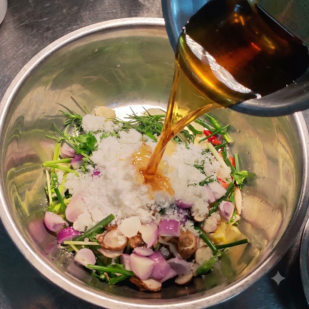 Oyster sauce and sesame oil being poured into the central bowl containing vegetables and sugar.