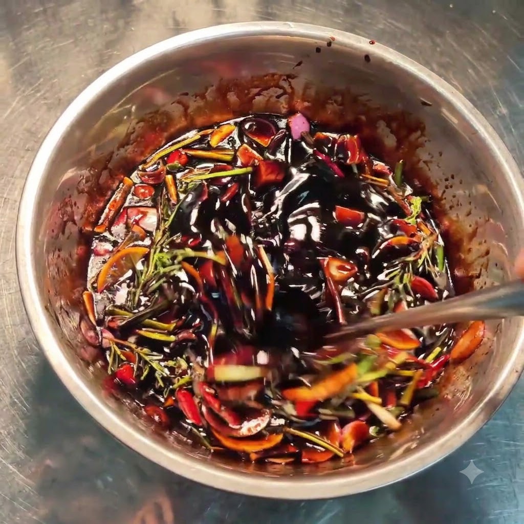 A spoon stirring a dark, rich marinade mixture containing chopped herbs, shallots, and lemon slices inside a steel bowl.