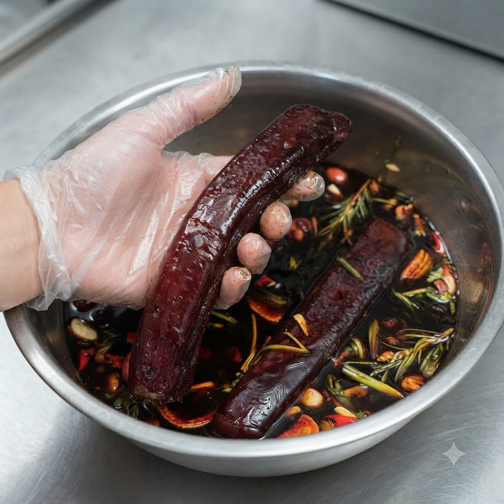 A gloved hand holding a long, dark-marinated tuna block above a steel bowl filled with marinade and herbs.