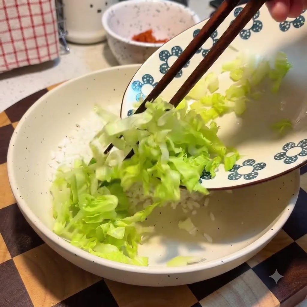 Chopsticks transferring chopped green lettuce from a decorative plate onto a layer of white rice inside a large bowl.