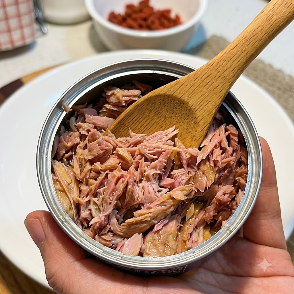 A wooden spoon holding flaked canned tuna right above the serving bowl.
