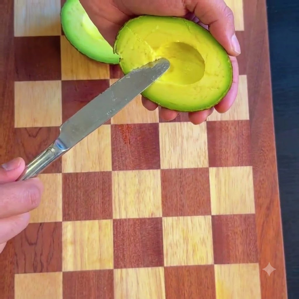 The avocado pit being removed with a spoon and the flesh being scooped into a bowl.