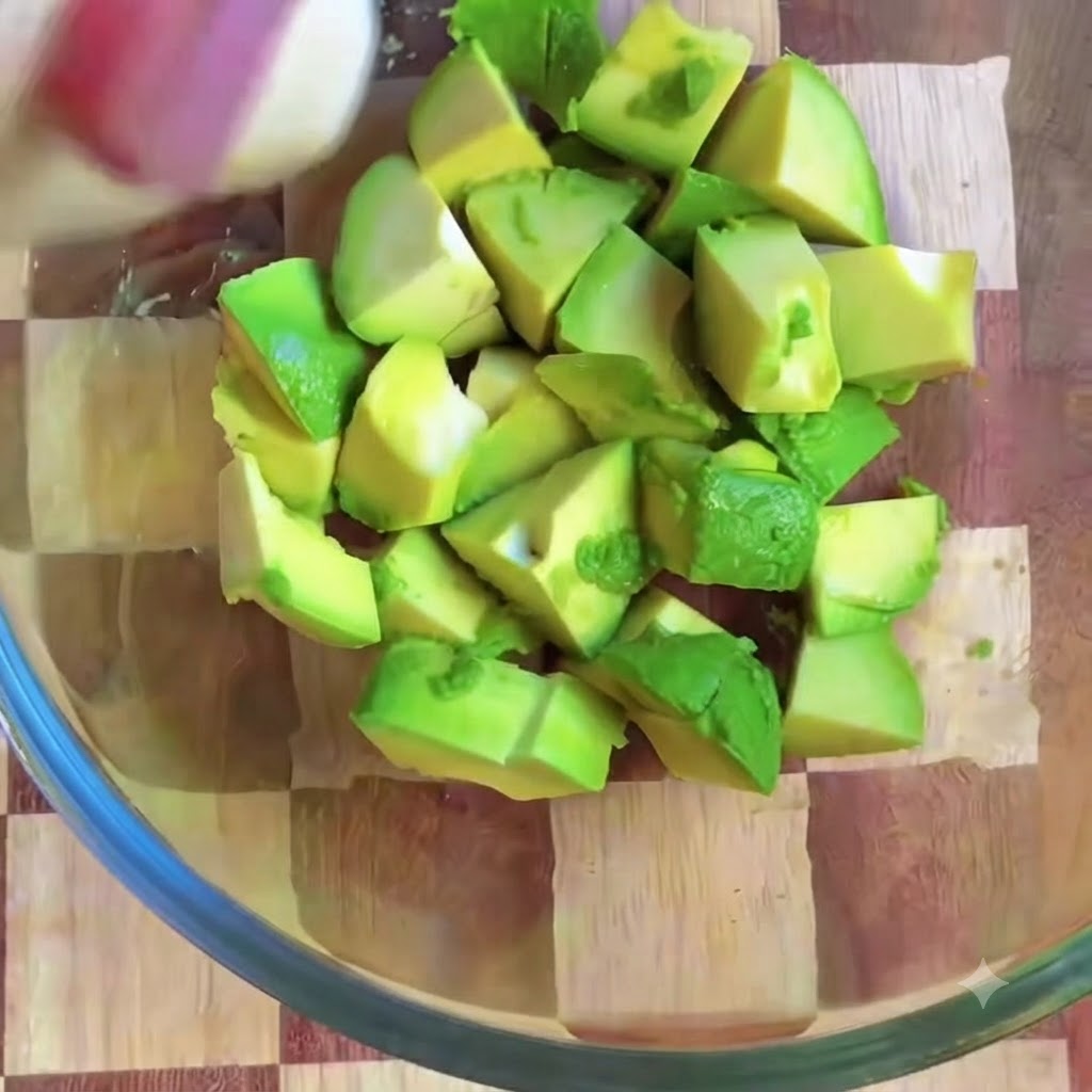 Lemon juice being squeezed over the diced avocado pieces in a bowl.