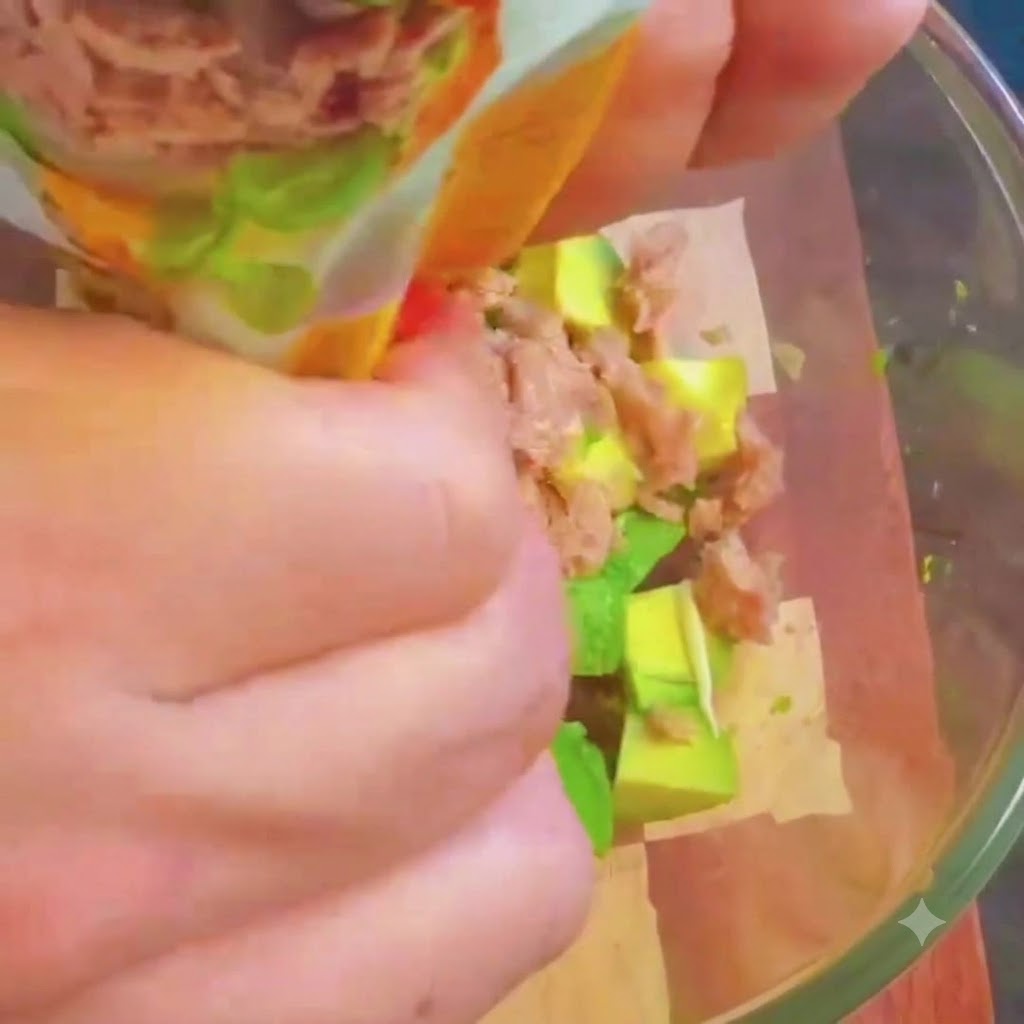 Canned tuna, mayonnaise, miso, and pepper being combined with the avocado in a glass bowl.