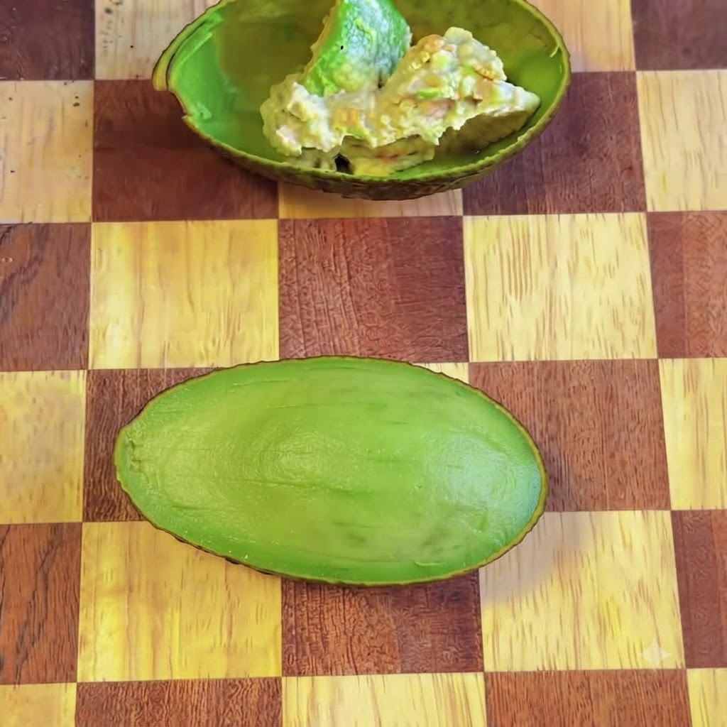 The tuna and avocado mixture being spooned back into the hollowed avocado shell.