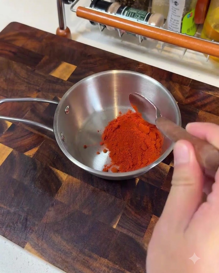 Fine chili powder, coarse chili powder, Korean chili paste, and seasonings being added into a small metal pot.