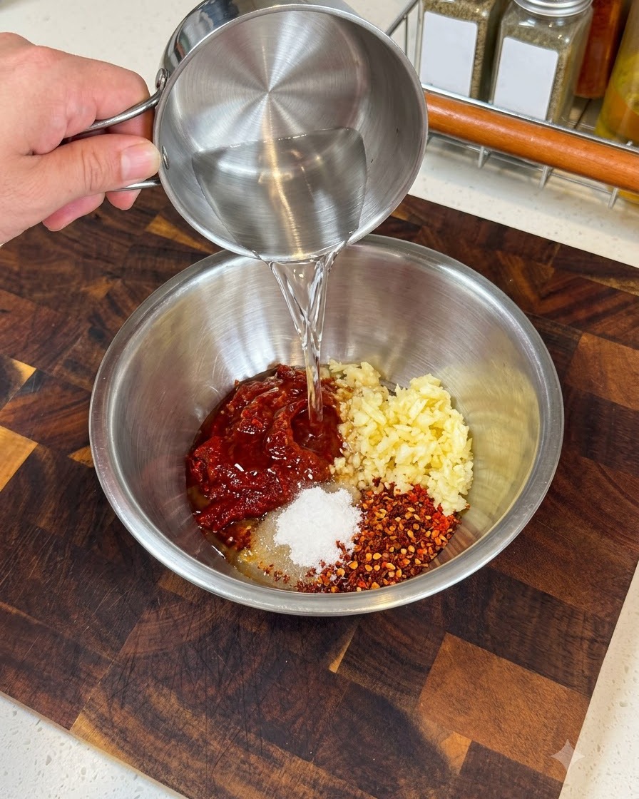 Water being poured into a metal bowl containing sauce ingredients, ready for mixing.
