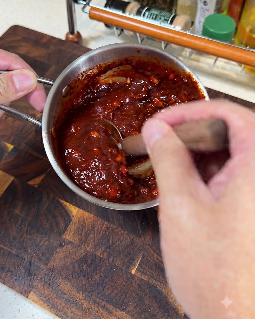 Cooking oil being poured into a heated black frying pan.