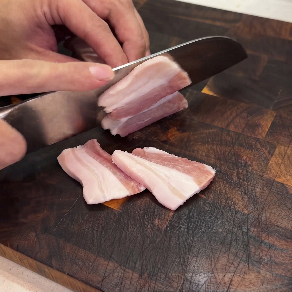 A chefs knife cutting skinless pork belly into thin slices on a wooden cutting board.