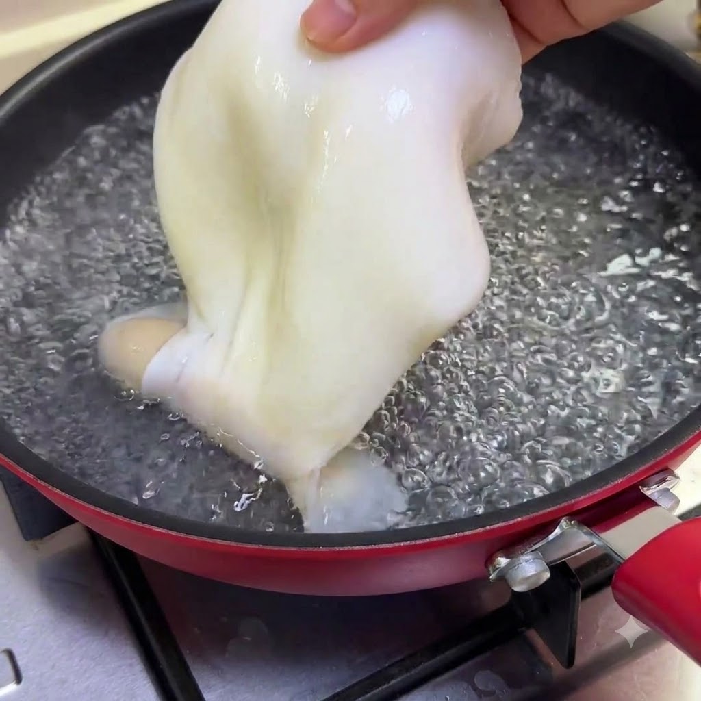 A whole squid being lowered into a pan of boiling water to blanch for 30 seconds.