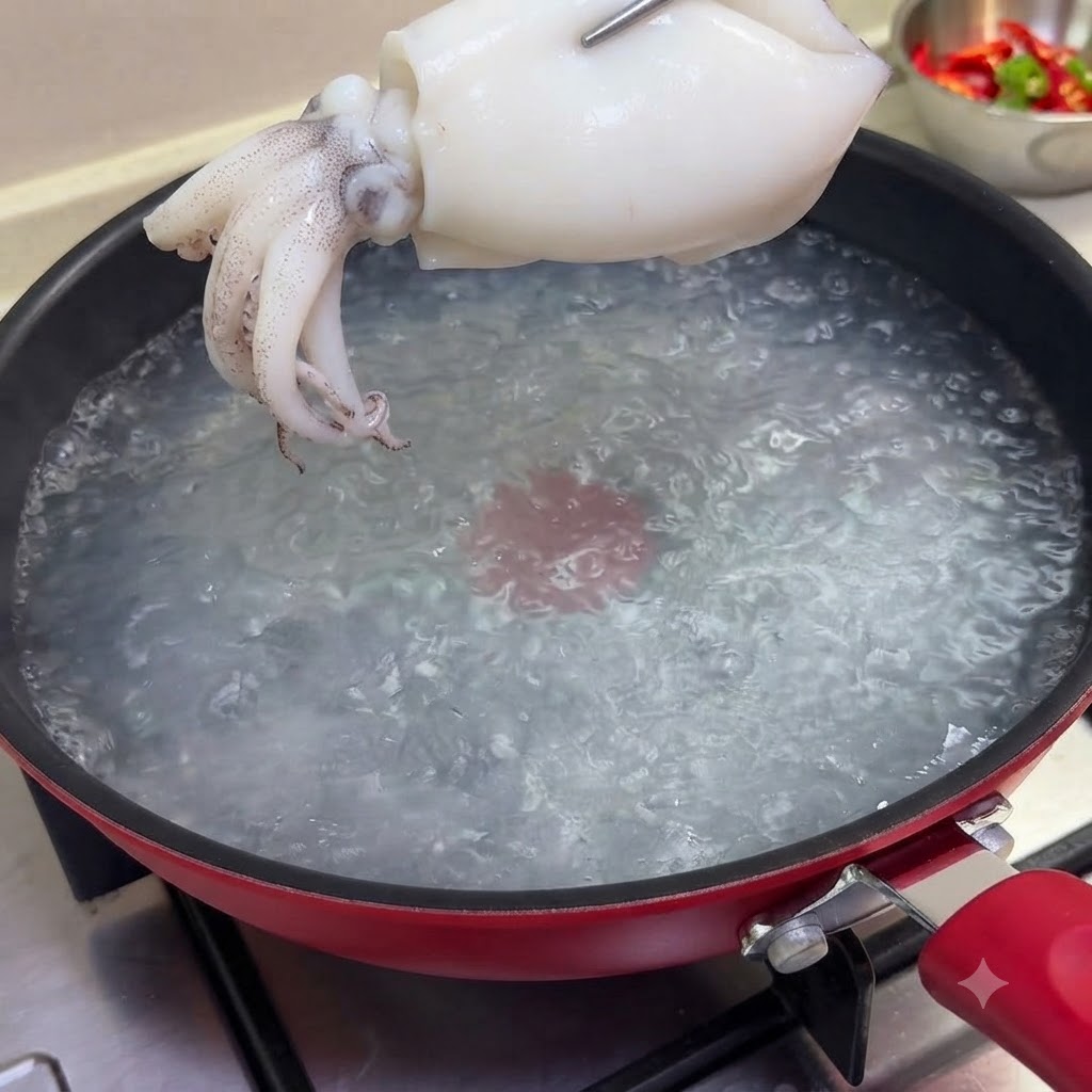 The blanched squid being sliced into long, finger-wide strips on a wooden cutting board.