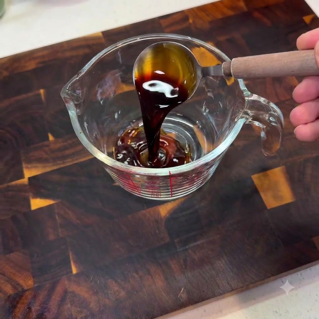 Light soy sauce being poured from a spoon into a glass measuring cup on a wooden surface.