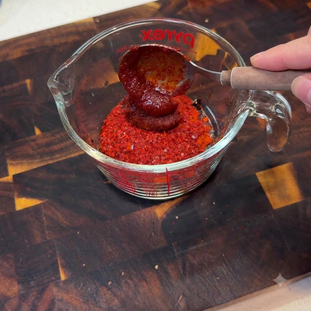 A measuring cup containing chili powder and paste being mixed thoroughly with a spoon.