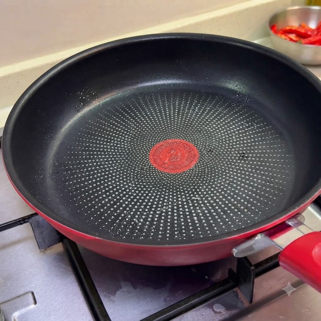 An empty heated non-stick pan on a stovetop ready for cooking pork belly slices.