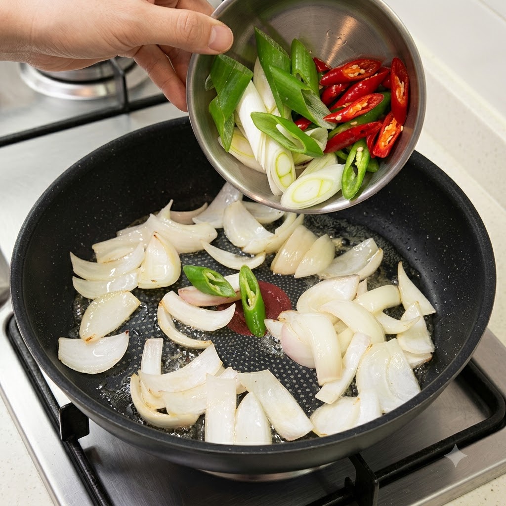 A small metal bowl pouring green and red chili slices and scallions into the pan with onions.