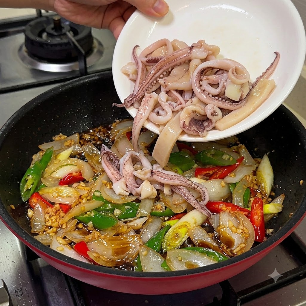 A white plate adding blanched squid pieces into the pan filled with cooked pork belly and aromatics.