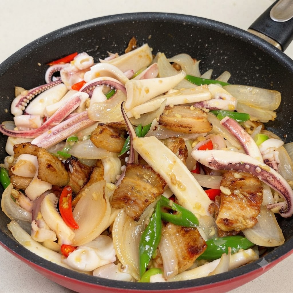 A pan containing squid, pork belly, onions, and chili peppers ready for the sauce to be tossed.