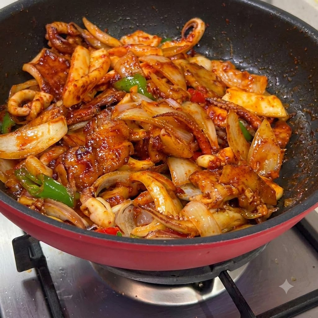 Squid and pork belly being stir-fried in a wok with vegetables and rich red sauce.