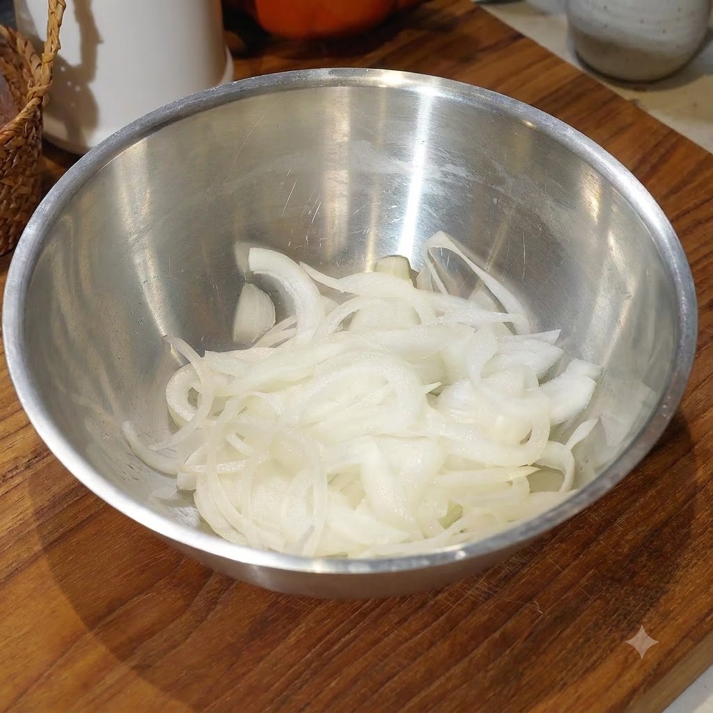 A bowl filled with sliced white onions submerged in water on a wooden cutting board.